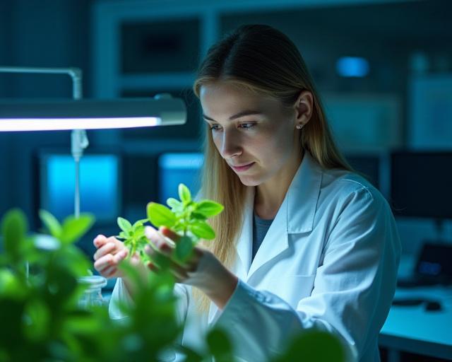 En forskare från Våglängd Blom som analyserar en planta under specialiserad belysning i ett laboratorium.