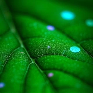 En närbild av ett grönt blad med digitala analyspunkter överlagrade.